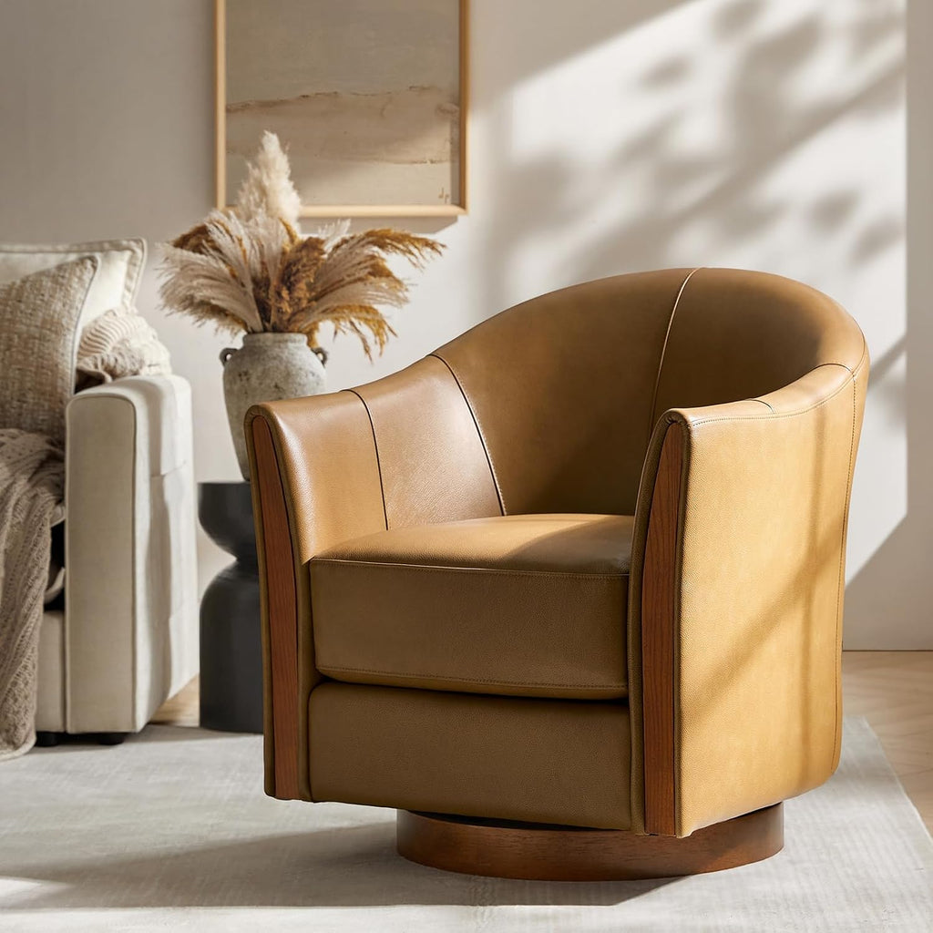 Genuine Leather Swivel Accent Chair with Wood Base, Camel