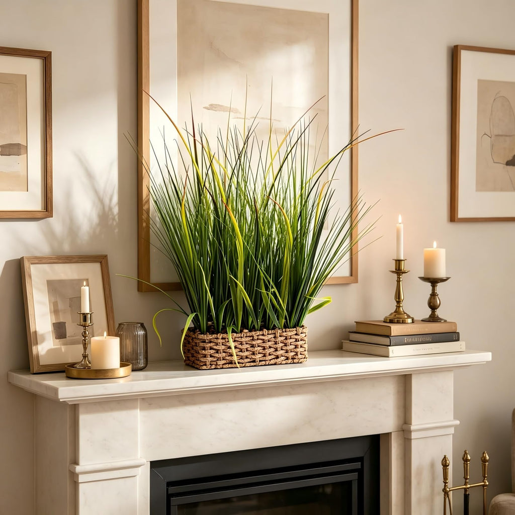 20"Artificial Grass Plant in Leather Woven Planter Decor