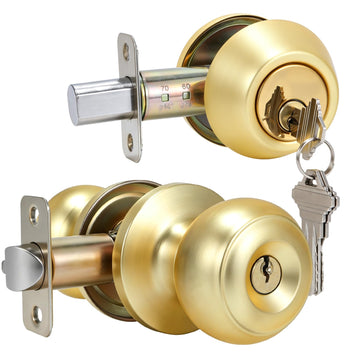 2 Pack Keyed Alike Entry Door Knob and Deadbolt Set, Satin Brass