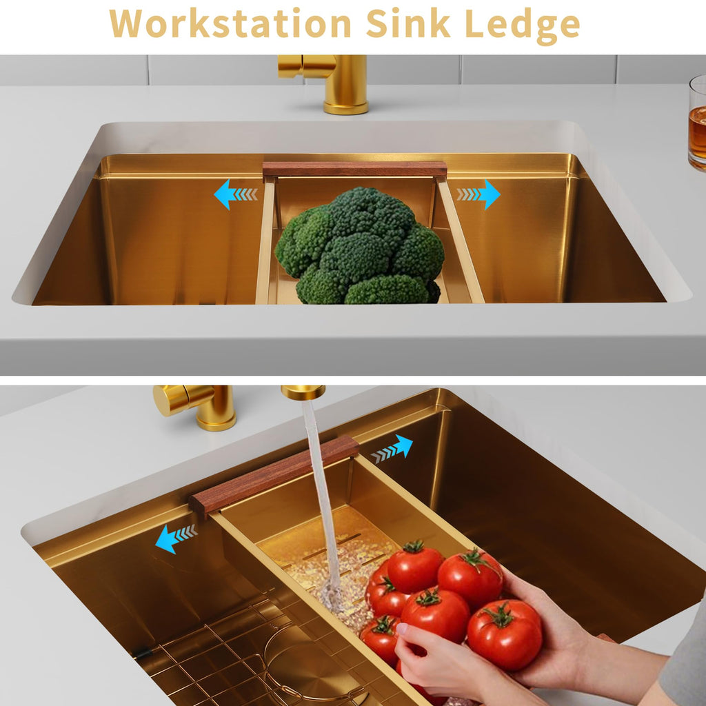 23 Inch Workstation Gold Kitchen Sink, 16 Gauge Undermount Sink