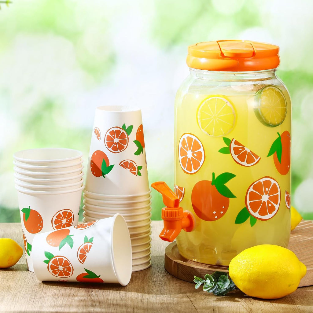 Tree Clear Plastic Drink Dispenser with 12 oz Tropical Paper Cups 1 Gallon Kitchen Fridge Beverage Dispenser - Set of 20