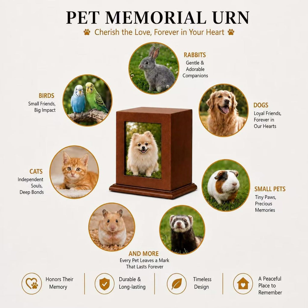 Dog Urn for Ashes - Wood Pet Cremation Box with Photo Frame, Cat Dog