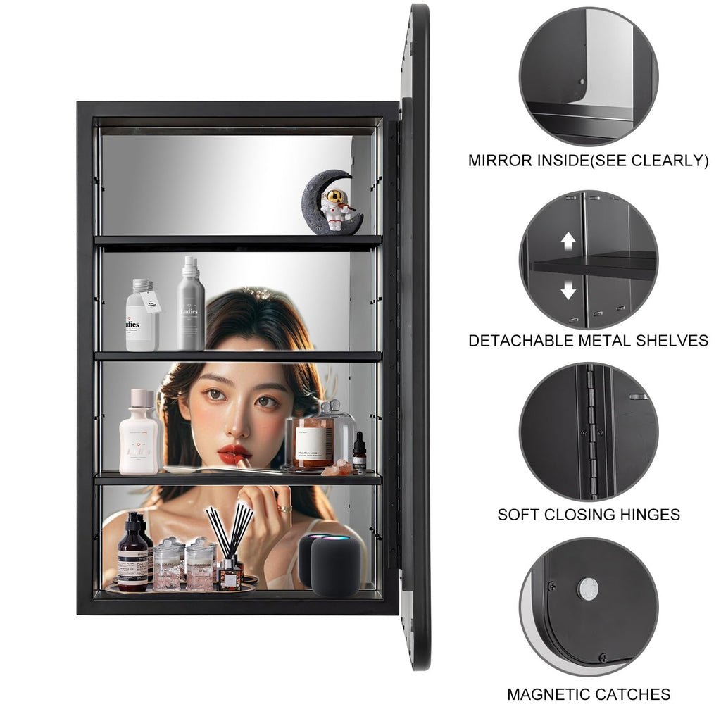 Black Bathroom Medicine Cabinet with Mirror 21 x 34 Metal Frame Recessed Or Wall Mounted Single Door Storage Medicine