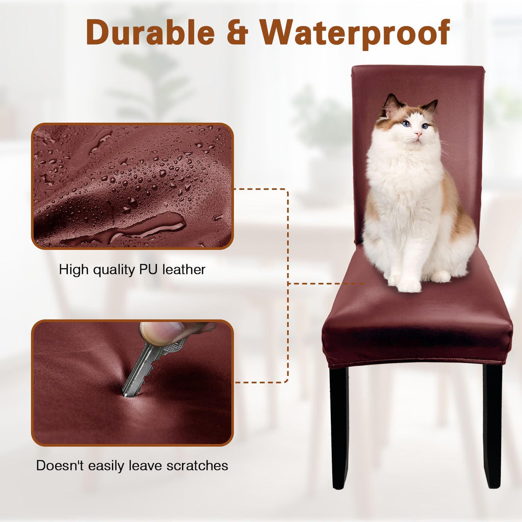 Wine Red Leather Chair Covers for Dining Chairs Set of 6, Faux Leather Dining Chair Cover Removable Wipeable Parson