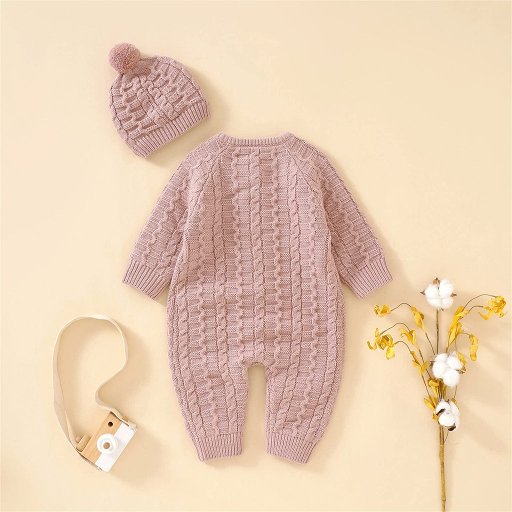 Baby Cable Knit Romper Set Front‐Button Jumpsuit with Pom‐Pom Beanie
