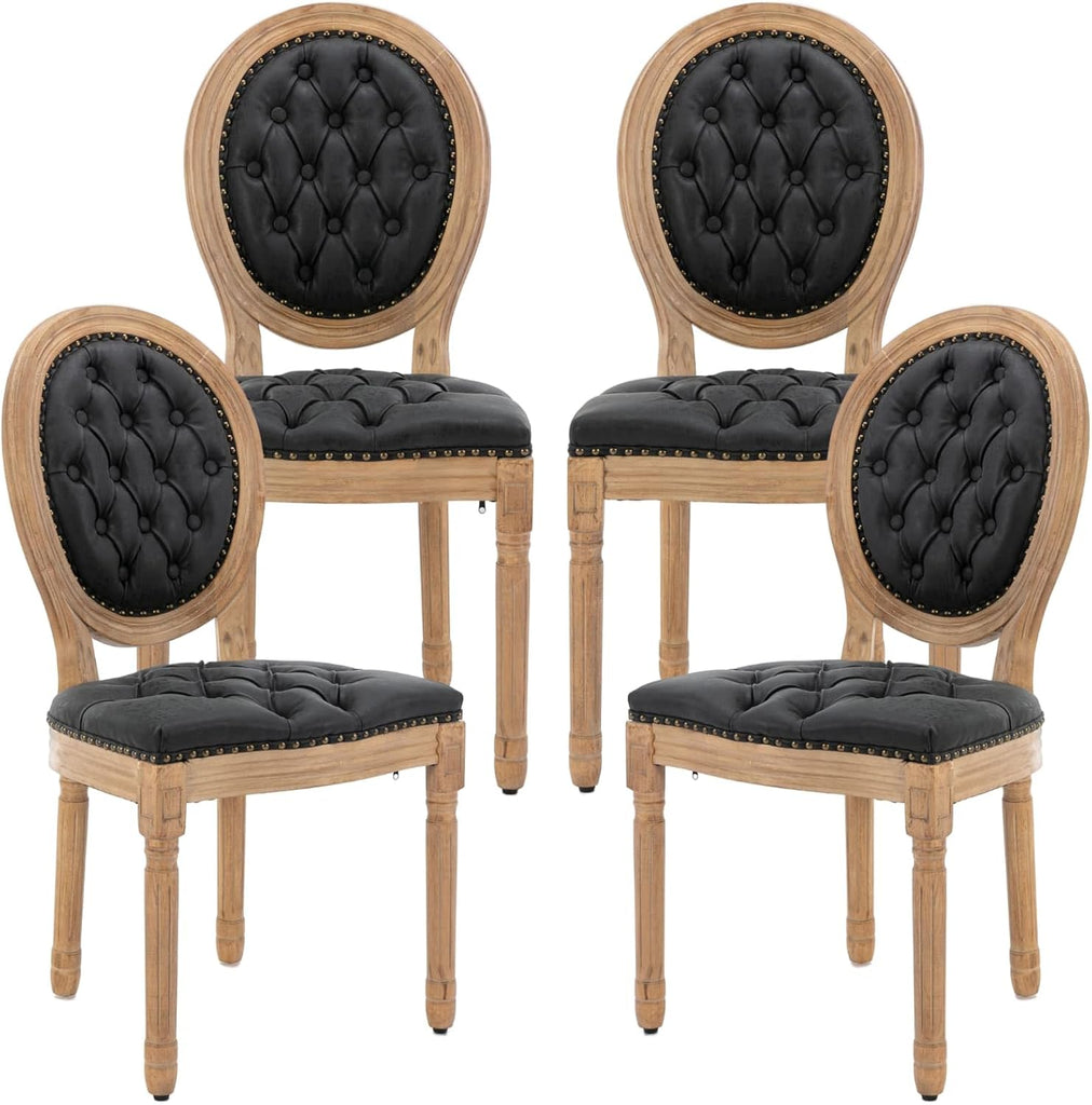 French Country Dining Chairs Set of 4, Vintage Wooden Dining Chairs with Tufted PU Leather Seat and Solid Wood Frame, Farmhouse Style, Black
