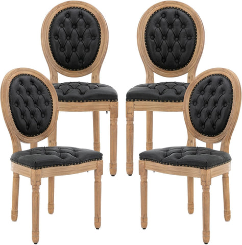 French Country Dining Chairs Set of 4, Vintage Wooden Dining Chairs with Tufted PU Leather Seat and Solid Wood Frame, Farmhouse Style, Black