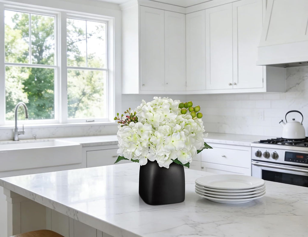 Artificial White Hydrangea Arrangement, Matte Black Vase Centerpiece