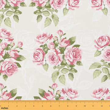 Pink Rose Floral Upholstery Fabric, Romantic Valentine's Day Decorative Fabric By The Yard, Natural Flower Green