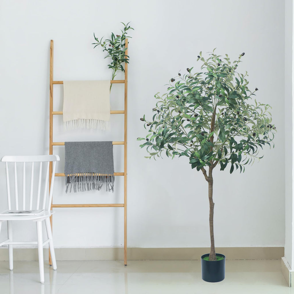Artificial Olive Tree, 4.9 FT Faux Olive Plant with Black Planter, Large Potted Faux Silk Tree, Realistic Plastic
