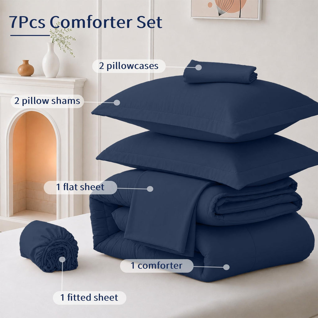 Comforter Set 7 PCS, Navy Blue Bed Set, Soft Bed in a Bag