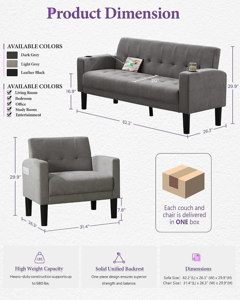 Sofa Couch, Living Room Furniture Sectional Sofa Sets 3 Pcs, Tufted Mid-Century Loveseat w/USB, Cupholders & Comfy