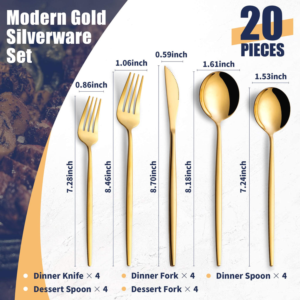 20 Piece Gold Silverware Set,Stainless Steel Flatware Cutlery Set Service for 4 Including Forks Spoons Knives,Kitchen