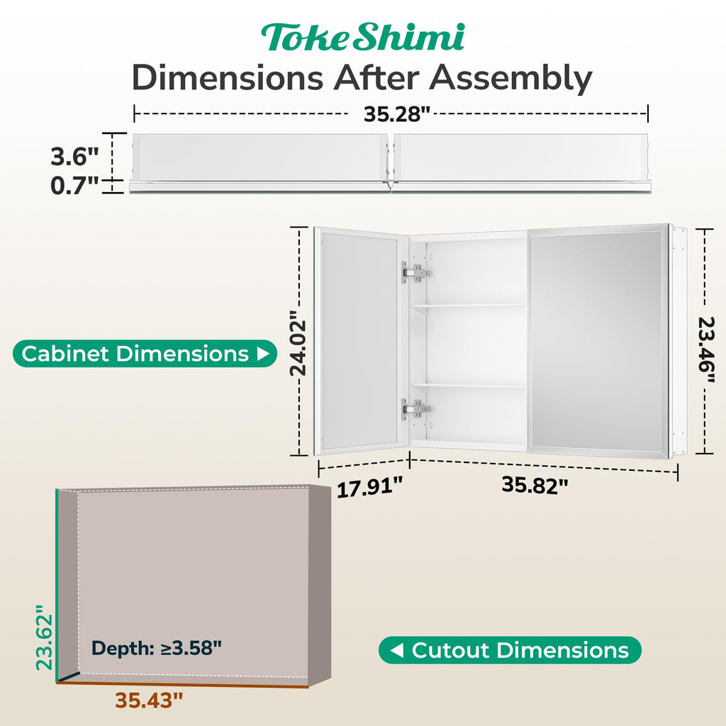 36 x 24 Medicine Cabinet with Mirror, Assembly Required, Wall Mounted Medicine Cabinet with Tempered Beveled Mirror