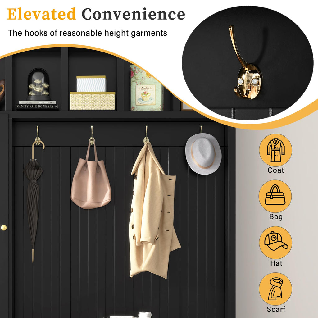 Hall Tree Wood Entryway Coat Rack with Shoe Bench, Hooks and Drawers (Antique Black)