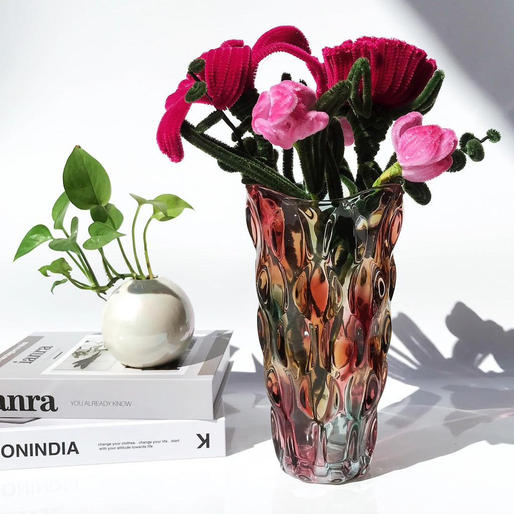 Heavy Flower Glass Vase Thickened 3.5lb 9.5inch Sparkle vase Bohemian Style, for Centerpieces