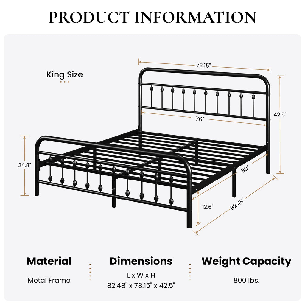 King Metal Bed Frame with Victorian Iron-Art Headboard, Black
