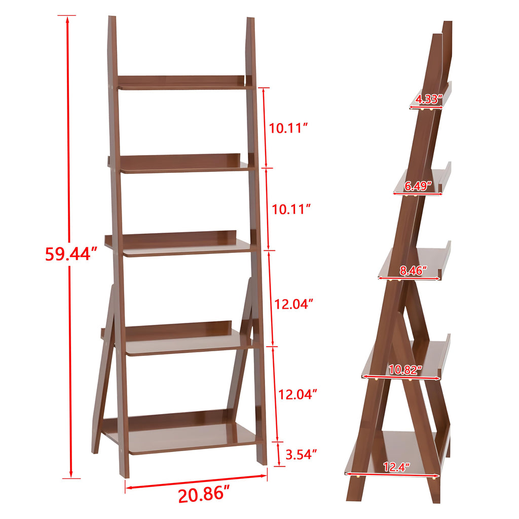 Bamboo Ladder Shelf Bookcase, 5-Tier Leaning Bookshelf Free Standing Organizer Storage Shelves, Balcony, Dark Walnut