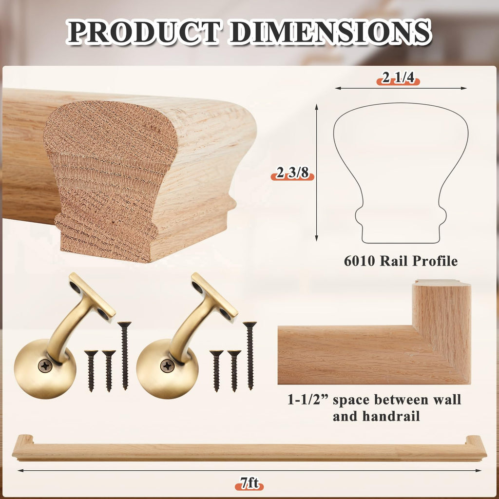6010 Red Oak Handrail Kit 7 ft with Wall Returns and Wall Mount Brackets Indoor Wood Stairs Handrails Included Screws