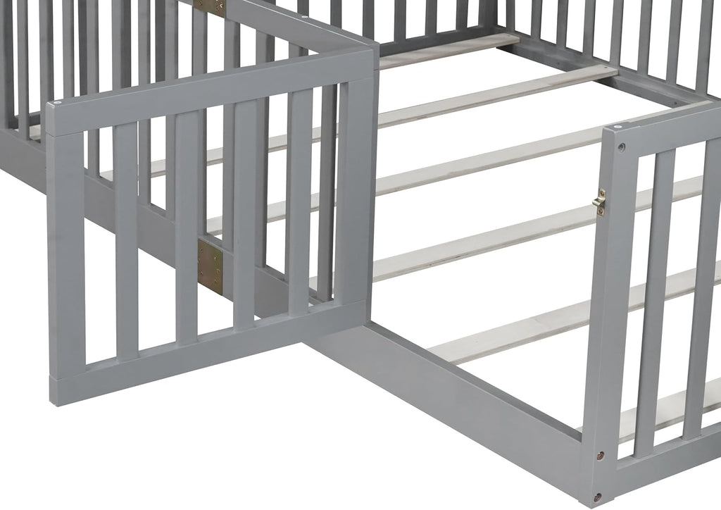 Montessori Floor Bed with Slats, High Guardrails & Door, Gray