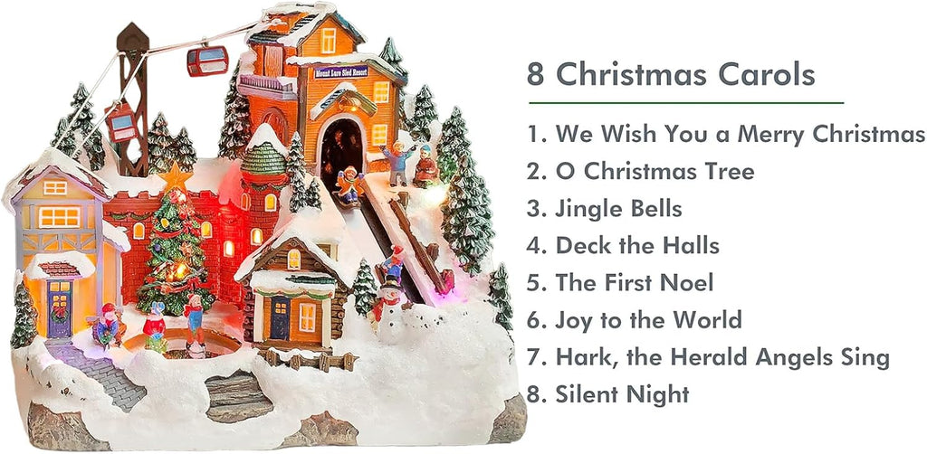 Christmas Village Building Mount Lure Sled Resort LED Lights Music and Animation Ski Lift Winter Resort Scene Power