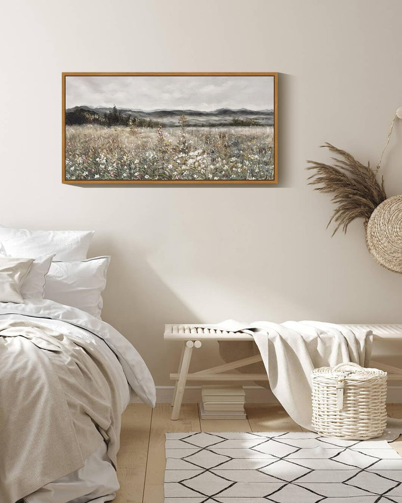 20x40in Extra Large Vintage Framed Wall Art Meadow with Flowers Landscape Painting Retro Scenery Farmhouse Bedroom