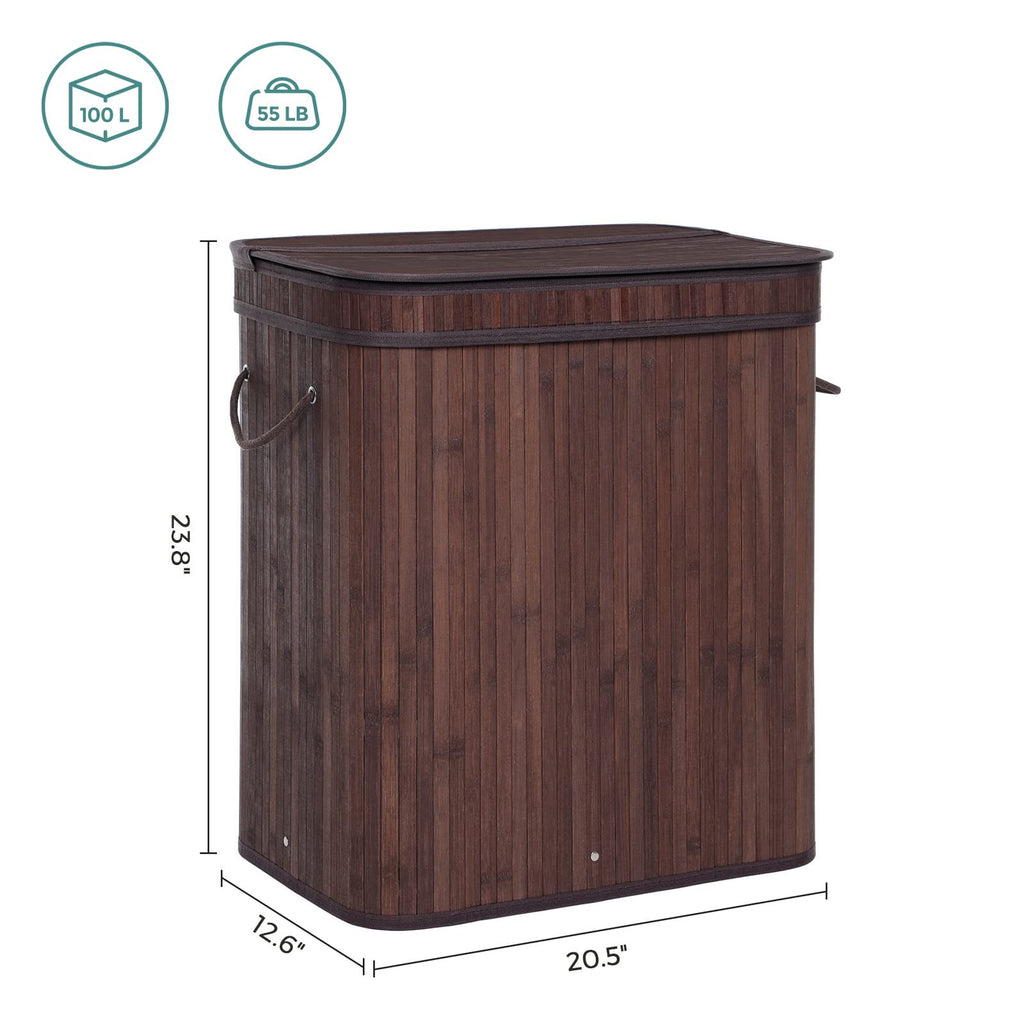 Bamboo Laundry Hamper with Lid, 100L, with Handles