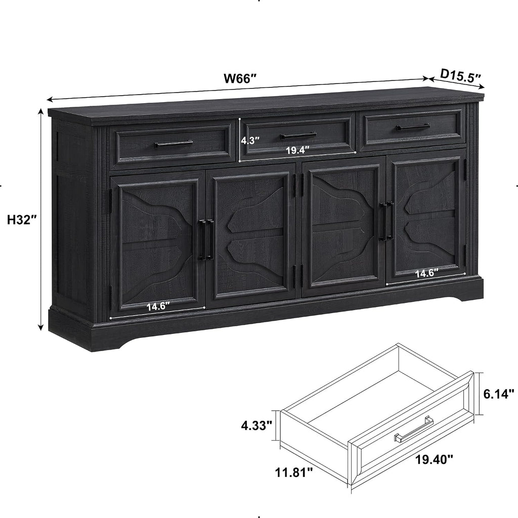 66" Farmhouse Buffet Cabinet with Storage, Sideboard Credenza, Carved Cloud-Inspired Doors, 3 Drawers & Adjustable