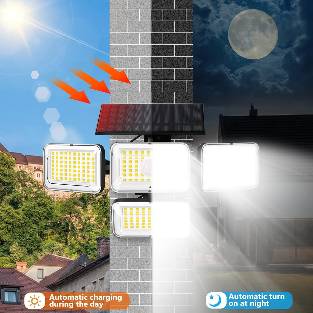 Solar Lights Outdoor, 288 LED Motion Sensor Outdoor Light with Remote Control, 4 Heads IP65 Waterproof Solar