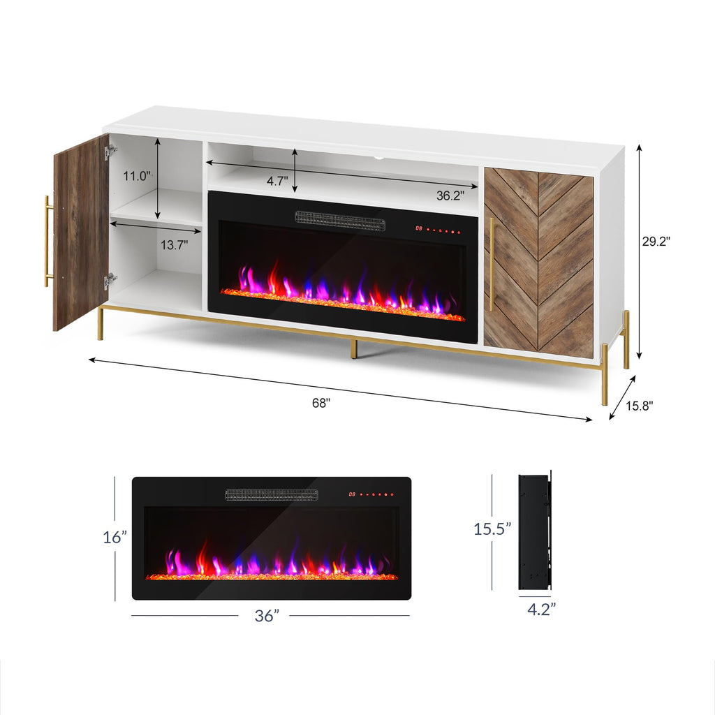 68" Harper TV Stand with 36" Electric Fireplace - White Ebony