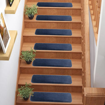 Washable Soft Solid Color Design Non-Slip Stair Treads Set of 13 (Navy, 7"" x 24"")