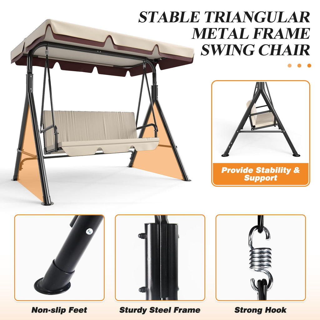 3-Seat Patio Swing Chair, Beige