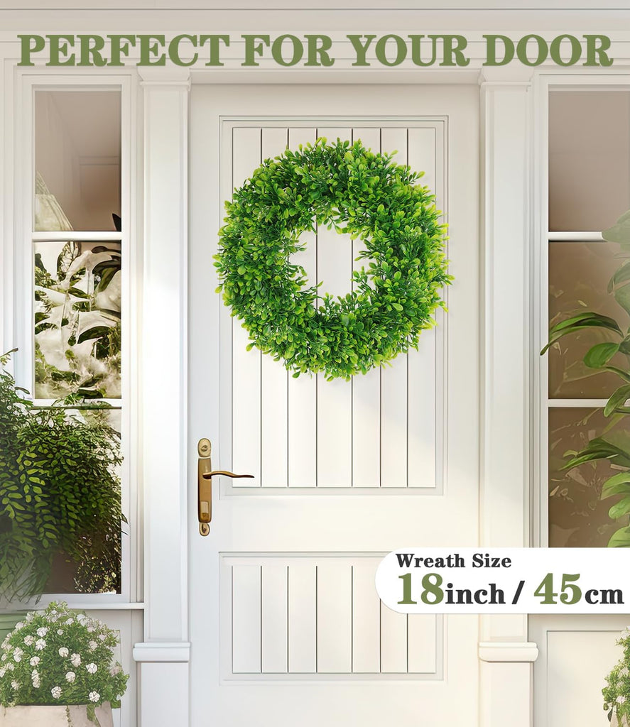 18in Boxwood Wreaths for Front Door, Artificial Preserved UV Resistant Green All Seasons Winter Spring Summer Door