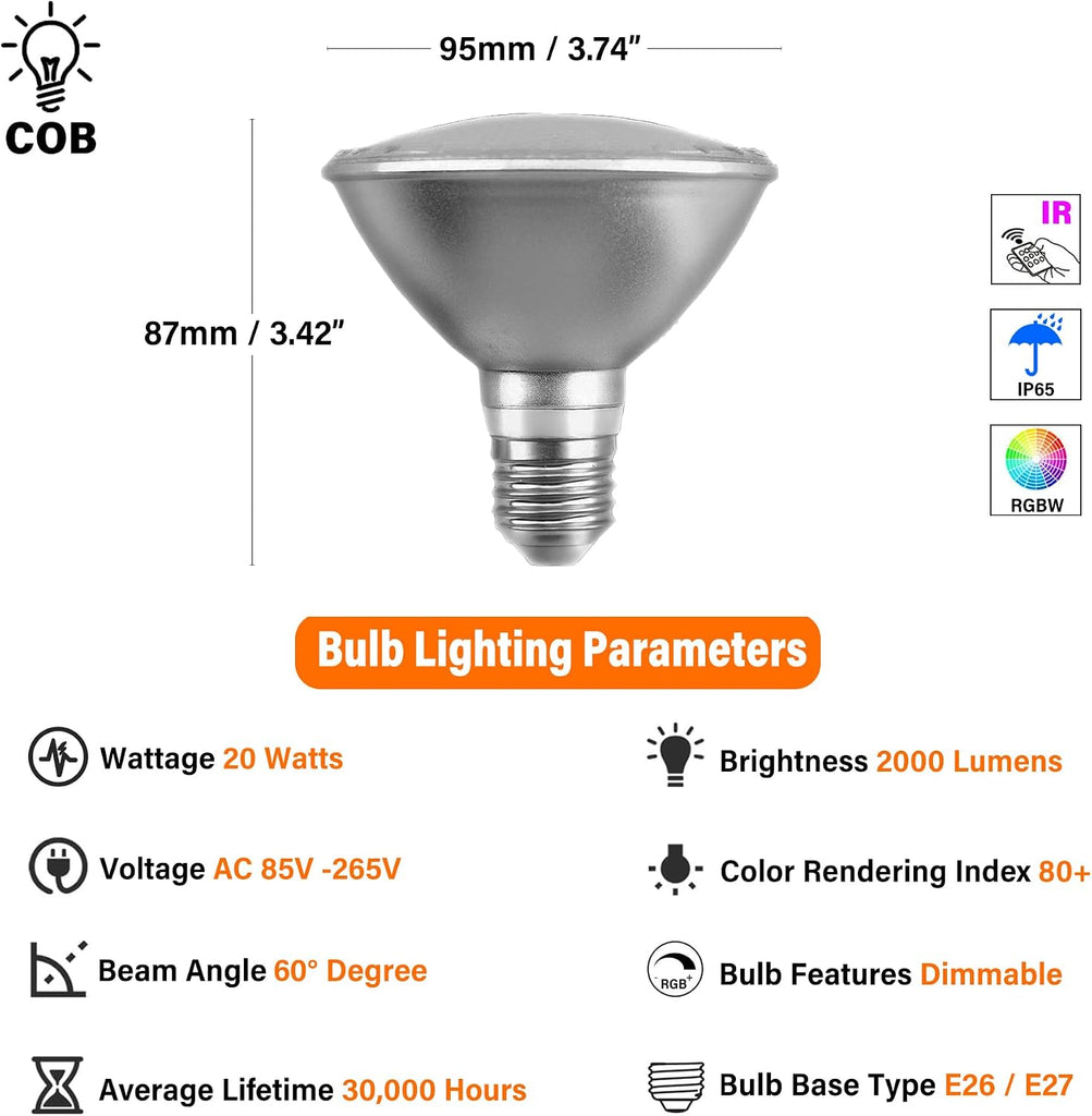 PAR30 Spotlight Bulb 20 Watt LED/COB Dimmable RGBW Color Changing Flood Light Bulb, with Remote Control, 85V-265V AC