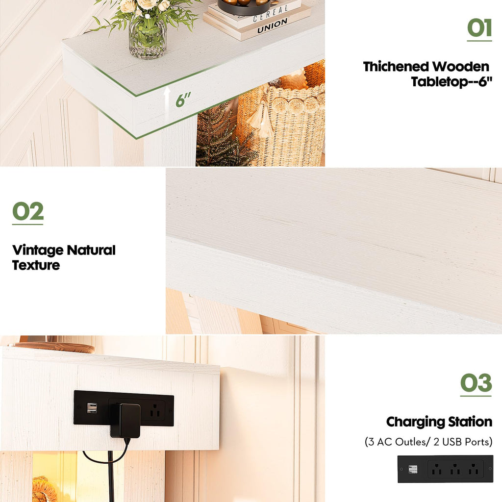 47" Entryway Table with Sensor Light and Outlets, Rustic White