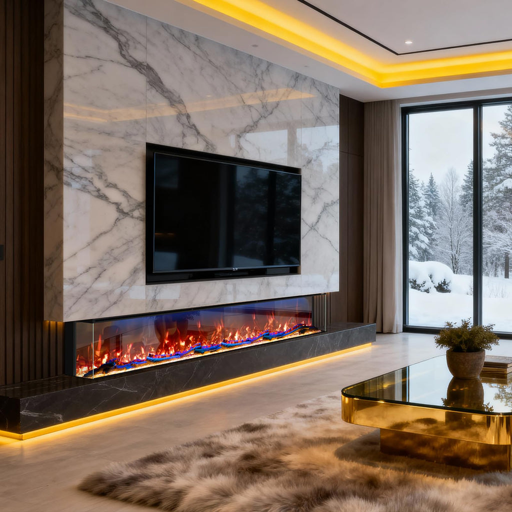 80 inch 3 Sided 3D Mirrored Electric Fireplace Inserts, Smart WiFi Built-in Linear Fire Place Heater 1500/750W with