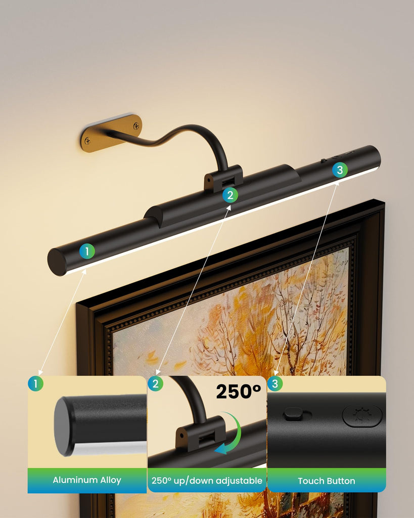 3Pack Picture Light for Wall Dimmable Gallery Light 16in Black