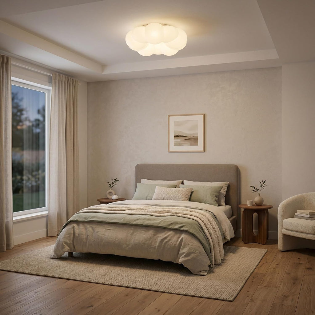Cream Cloud Flush Mount Ceiling Light, White Petal LED Bedroom Lamp, Flower Shape Fixture for Kids Room, Nursery