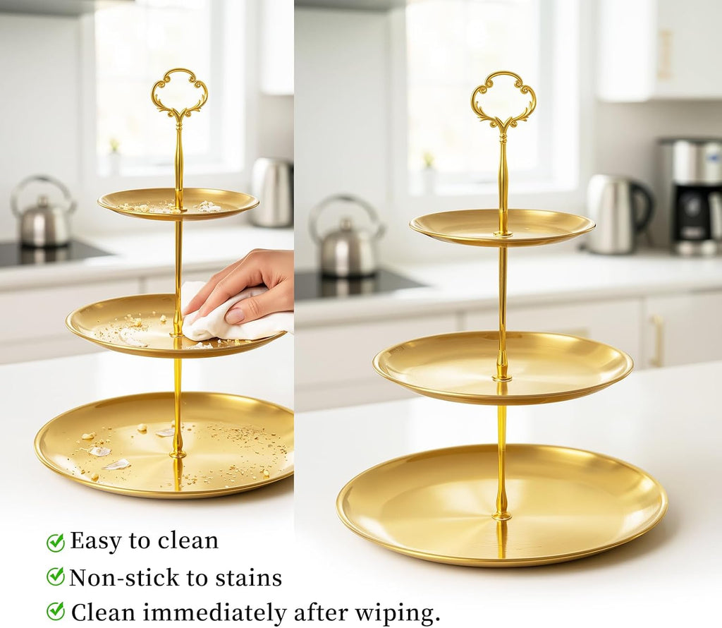 Gold cupcake stand, 3-Tier Stainless Steel, Detachable, 4 Foot Pads - Set of 3