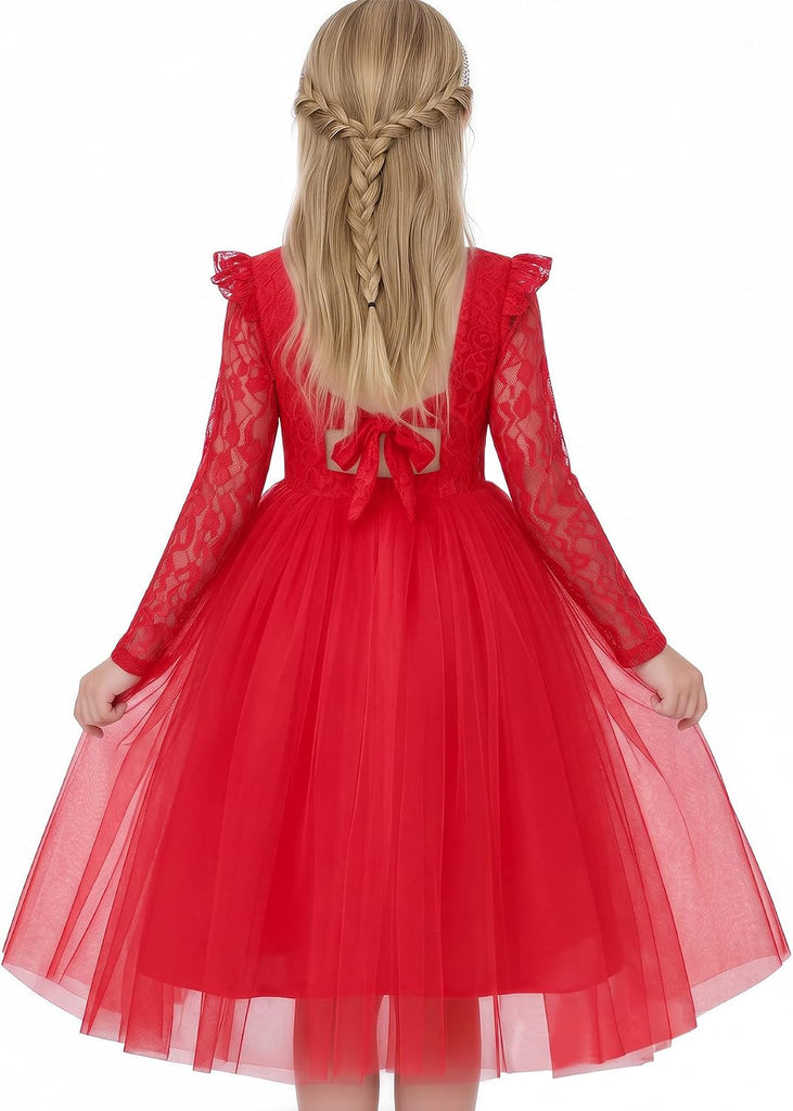 Flower Girls Dress Lace A-Line Long Sleeves Tulle Dresses