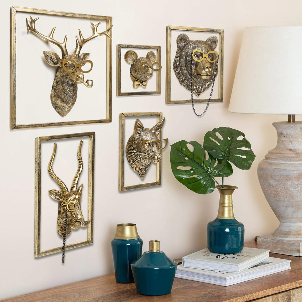 Animal Heads Wall Decor (5pcs, Includes Metal Frame) Resin Animals Sculptures Head Wall Hanging Decoration Gold
