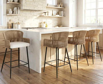 Farmhouse Woven Bar Stools Set of 4, 26 Inch Linen Upholstered Rattan Barstools with Curved Backs, Modern Cane