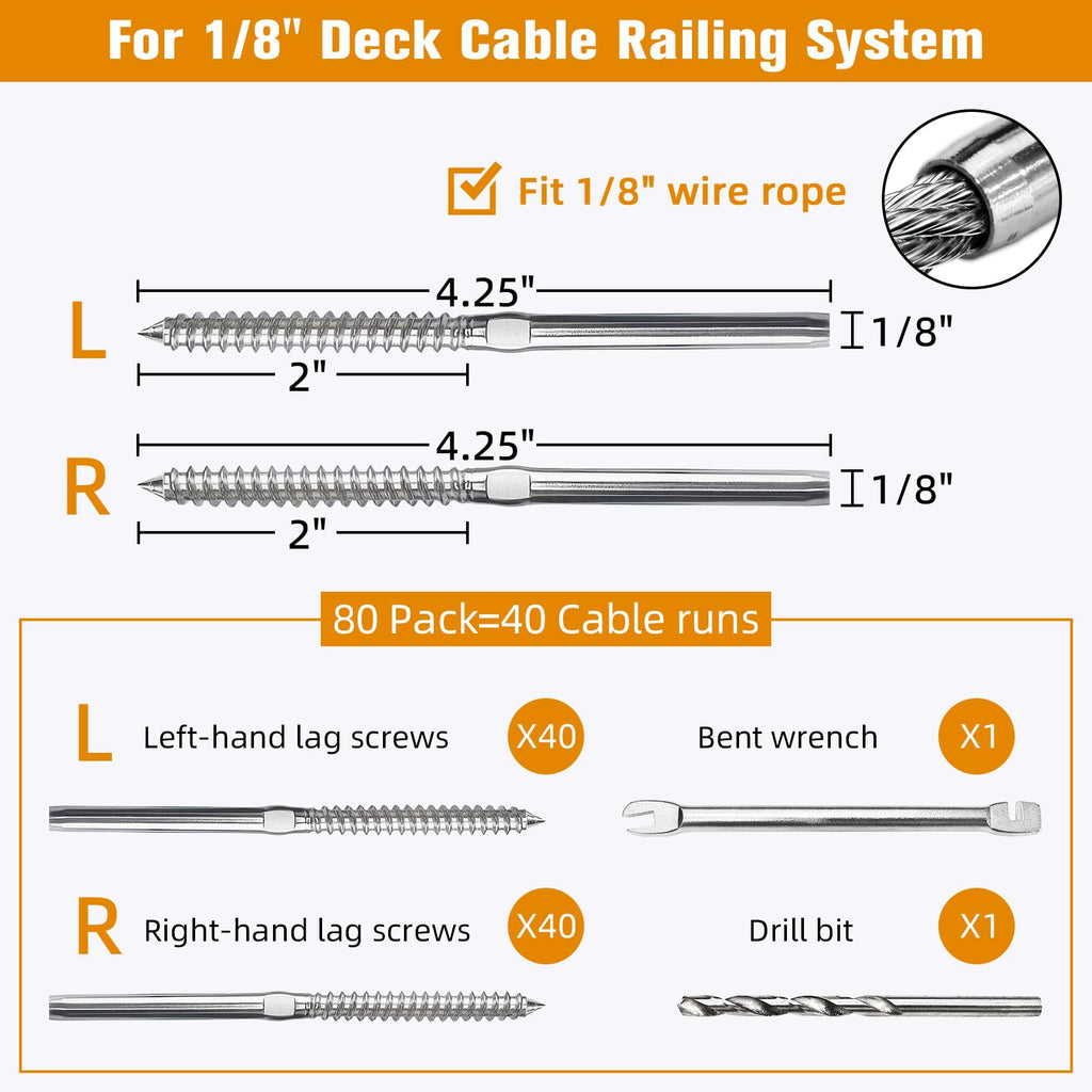 Swage Lag Screws for Cable Railing - 80 Pack T316 Stainless Steel Left and Right Handed Thread - 1/8" Cable Railing