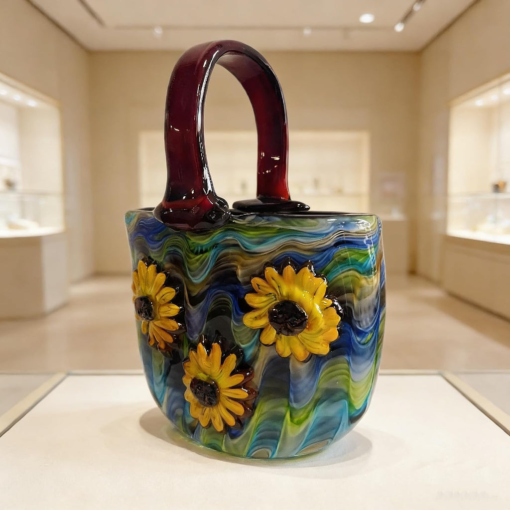 Hand Blown Art Glass Vase Sunflower - 13.4" Murano Style Colorful Sculpture, Unique Bag Design Centerpiece for Table