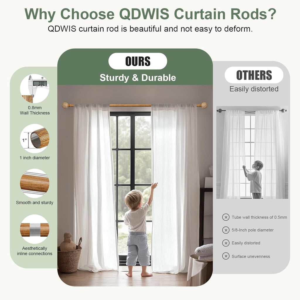 Wood Curtain Rods for Windows 48 to 84 Inch,1'' Diameter Drapery Rods with Imitation Wood Grain Leaf Pattern Finials