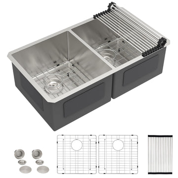 30"x19" Undermount Double Bowl Kitchen Sink - 16 Gauge 304 Stainless Steel, Under Counter 50/50 Split Sink Basin