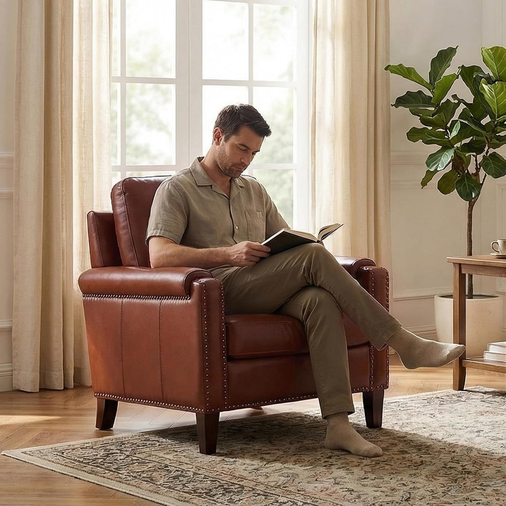 Genuine Leather Accent Chair with Solid Wood Legs, Brown