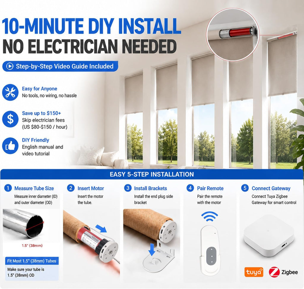Zigbee Roller Blinds Motor - Smart Tubular Motor for 1-1/2" (38mm) Tubes - 5V Rechargeable, Works with Tuya Zigbee