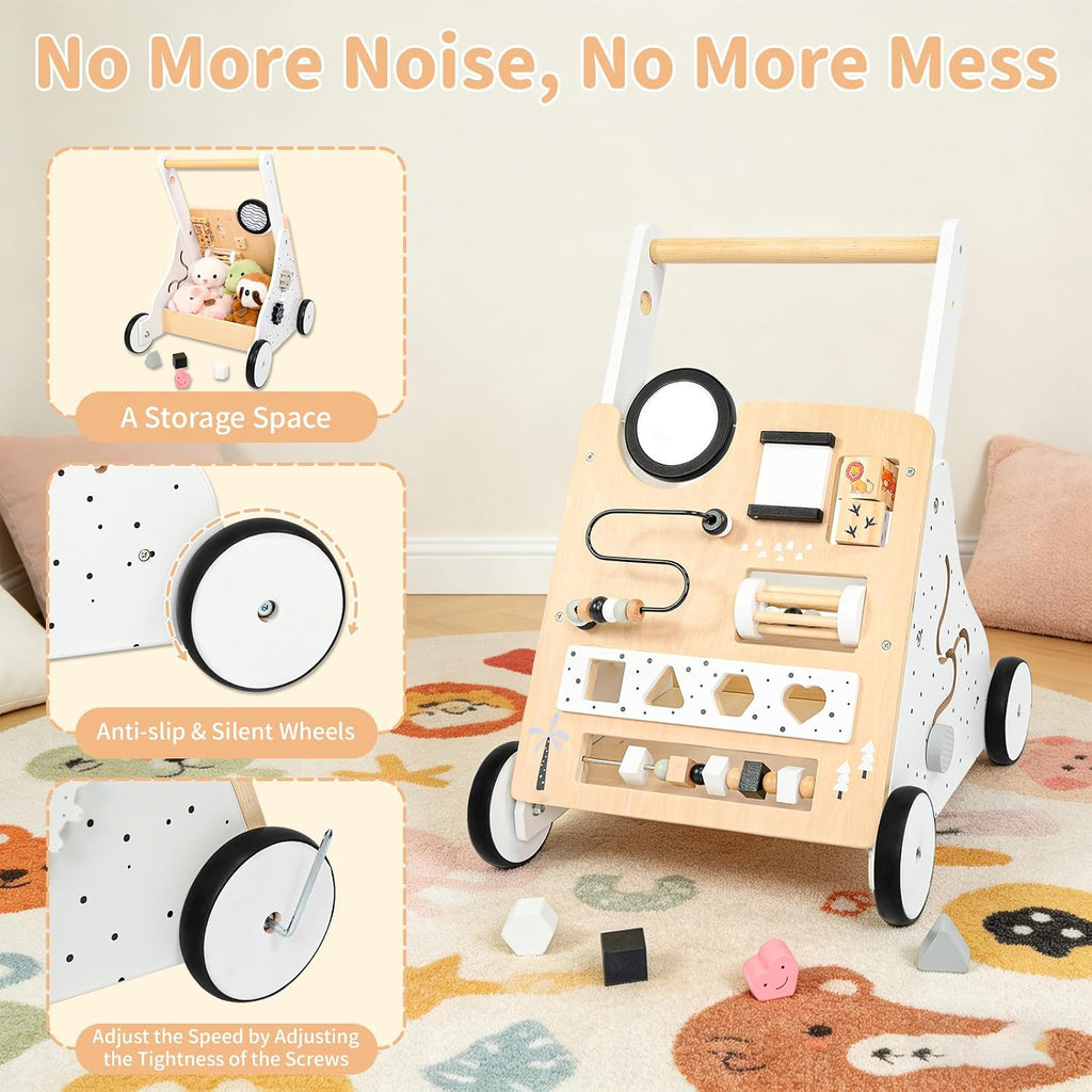 Wooden Baby Walker for Toddlers 1-3, Adjustable Height Montessori Push Toy with in-1 Activity Center, Baby Push