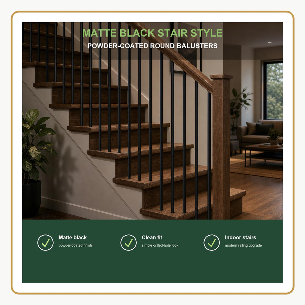 44 in Stair Balusters, 5/8 in OD Round Black Staircase Spindles, 50 Pack